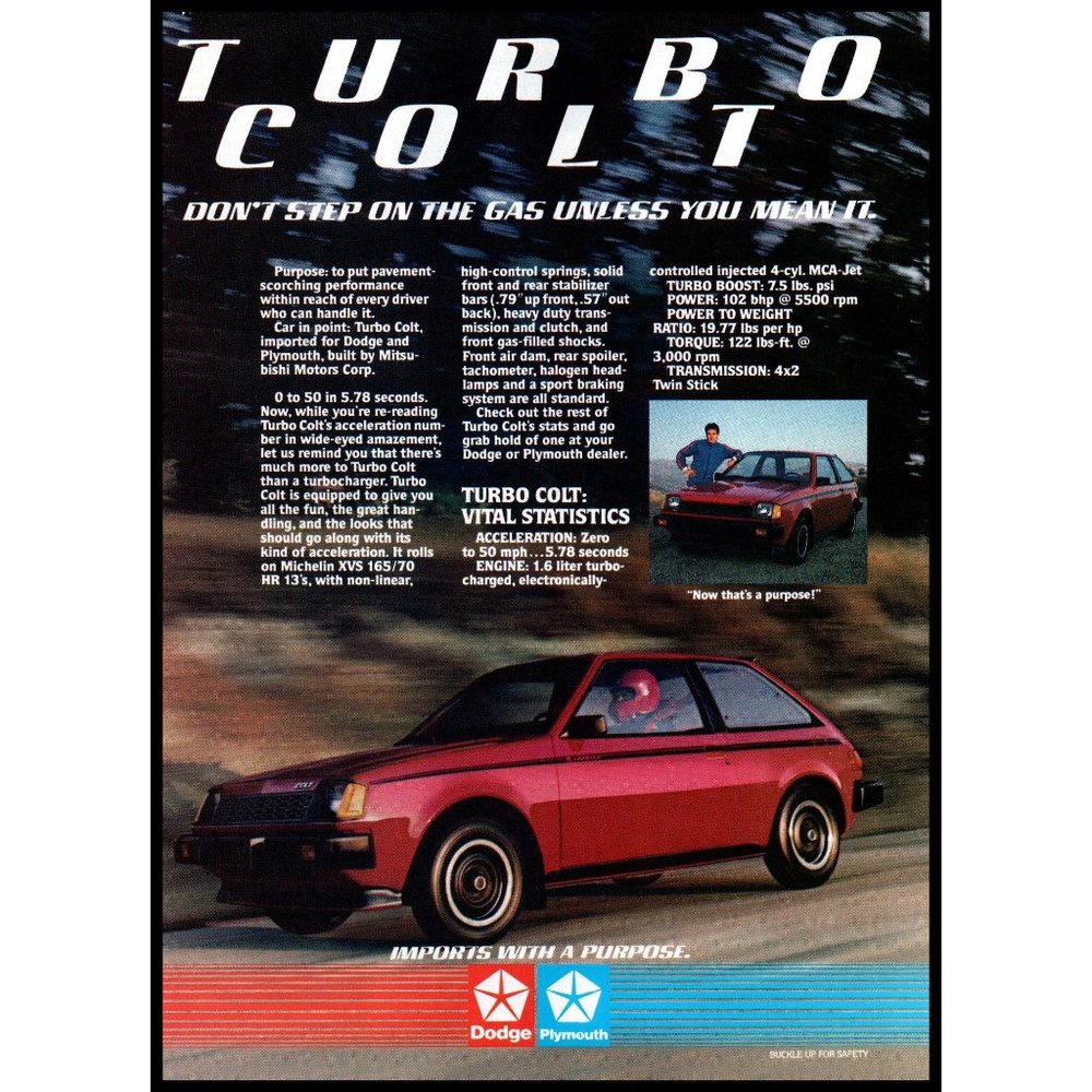 1984 Dodge Turbo Colt 2 Door Hatchback Vintage Print Ad 80s Hot Hatch Wall Art